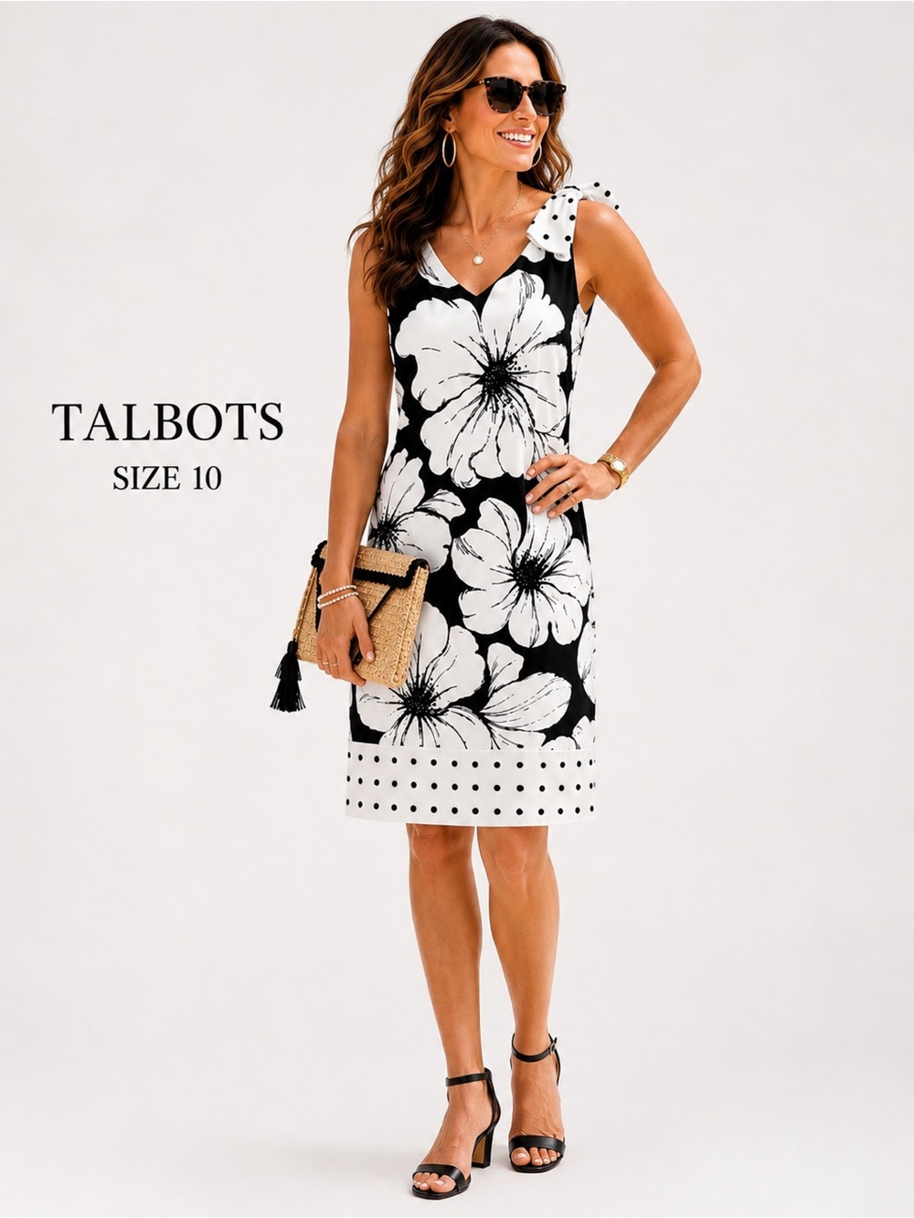 Talbots Bow Shoulder Floral Shift Dress Size 10 Black White Polka Dot Like New
